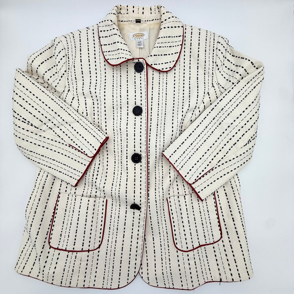 Talbots Woman Cream & Navy Textured Embroidered Blazer